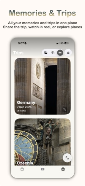 PixReel's Memories view grouping photos into trips