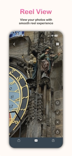 PixReel's full-screen reel view showing a photo with keep, delete and share controls