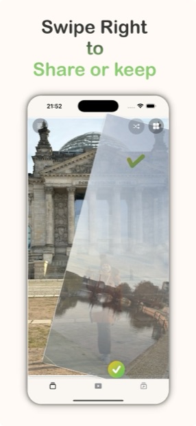 Swiping right in PixReel to keep a photo